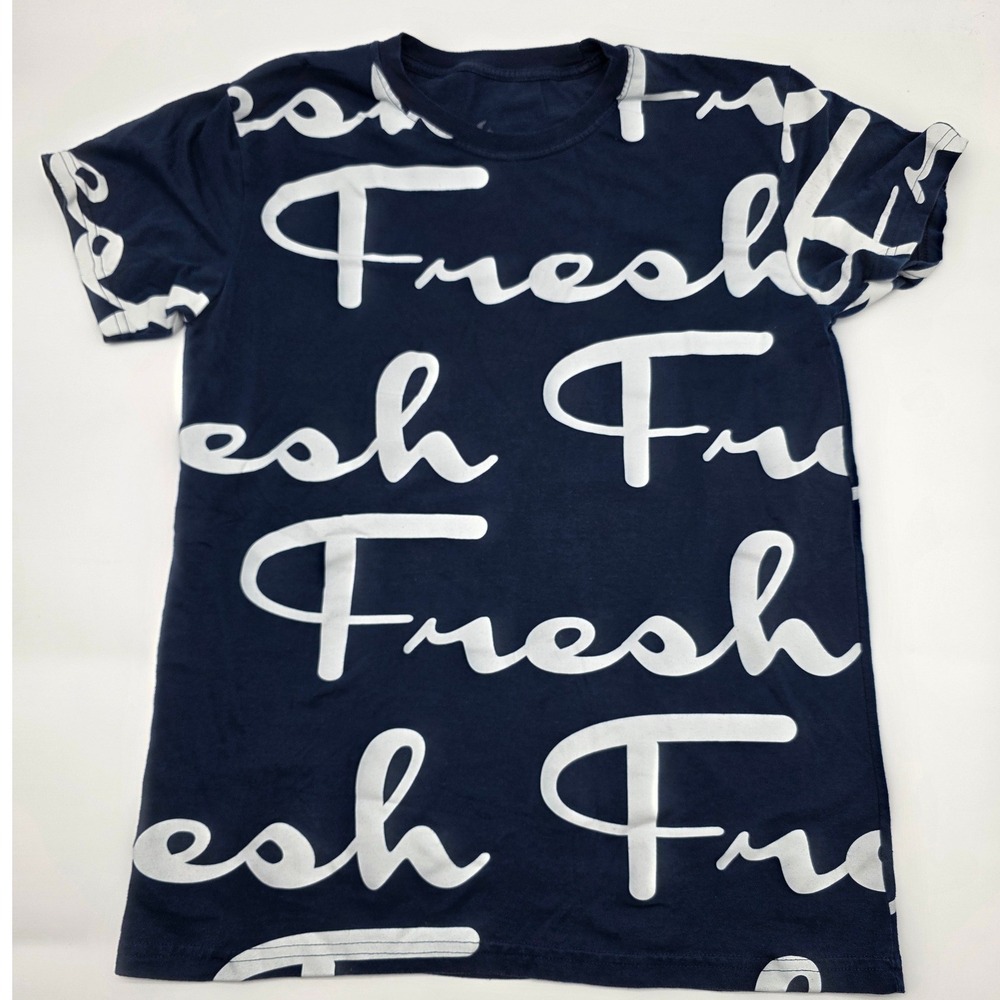 Graphic Streetwear T-Shirt Men M Blue "Fresh" Script All Over Print Short Sleeve